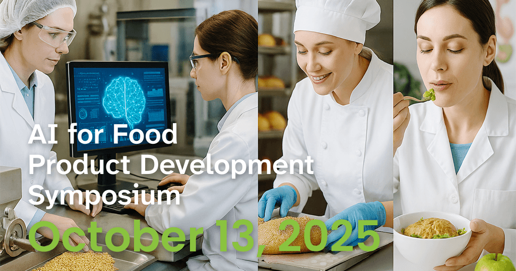 two women with grains in a test kitchen and a computer screen with a blue image of a brain, woman with chef hat working with bread in the middle, woman in lab coat tasting food on the right, words overlayed "AI for Food Product Development Symposium, October 13, 2025"